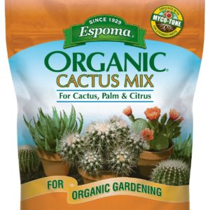 orange, blue, and green packaging of Espoma Organic Cactus Mix with images of cacti and yellow For Organic Gardening banner at bottom of product