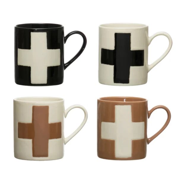 four 8 oz. black, white, and brown mugs with Swiss cross in center of products on white background
