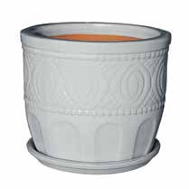 white flower pot textured with a bohemian design on a white background